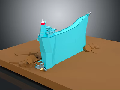 Blue Carved Sculpture Slanted Structure Red Top Debris Base Brown Surface Gray Background 3d model