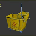 Yellow Mop Bucket With Caution Sign Wheels And Mop Handle For Cleaning