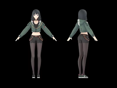 A Woman In Green Hooded Jacket Black Shorts And Stockings Front Back Views 3d model