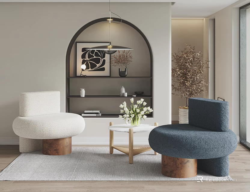 Cozy Modern Casual Sofa Set with White Blue Sofas Wooden Bases and Small Coffee Table 3d model 
