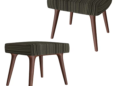Modern Stylish Stool With Striped Fabric Upholstery And Wooden Legs 3d model