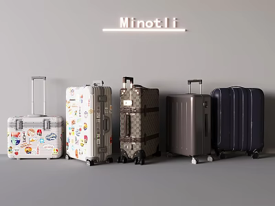 Minotli Assorted Wheeled Suitcases With Sticker Covered Patterned And Solid Colors 3d model