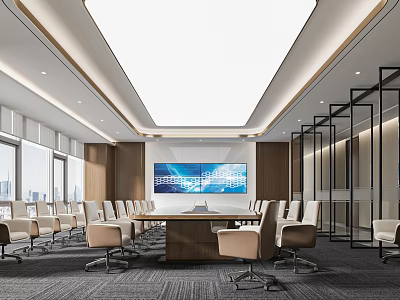 Modern Conference Room With Large Wooden Table Digital Screen Glass Partitions And Comfortable Chairs 3d model