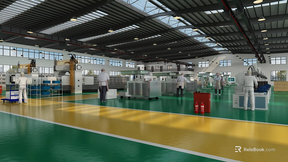 Bright Industrial Factory Interior With Workers Machinery Green Floor High Ceiling And Windows 3d model 