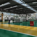 Bright Industrial Factory Interior With Workers Machinery Green Floor High Ceiling And Windows