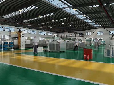 Bright Industrial Factory Interior With Workers Machinery Green Floor High Ceiling And Windows 3d model