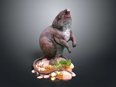 Beaver Sculpture Figure in Standing Pose with Base Stones and Plants 3d model