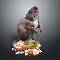Beaver Sculpture Figure in Standing Pose with Base Stones and Plants