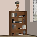 Brown Wooden Shelf in Room Corner with Books Vases Statue Radio and Window Blinds