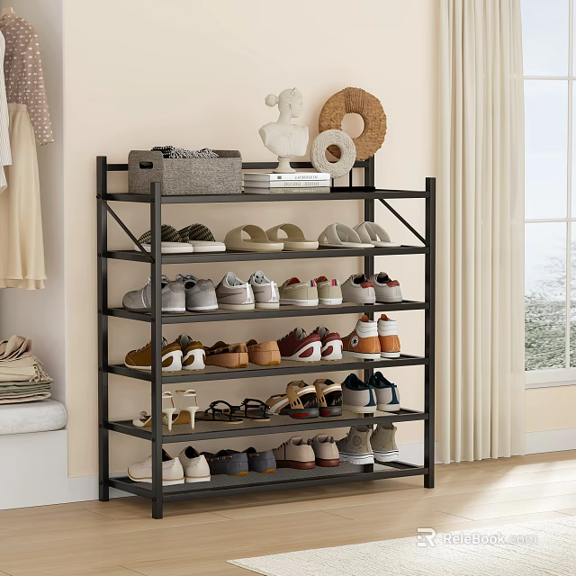 Black Multi Tiered Shoe Rack Organizing Various Shoes Home With Decorative Items On Top 3d model 