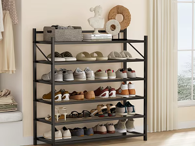 Black Multi Tiered Shoe Rack Organizing Various Shoes Home With Decorative Items On Top 3d model