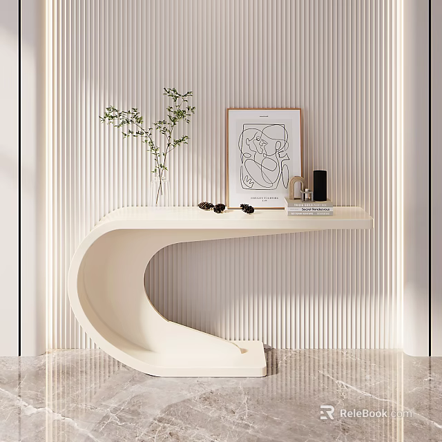 Curved Console Table With Green Plant Framed Art Books On Marble Floor Vertical Striped Wall 3d model 