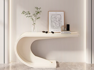 Curved Console Table With Green Plant Framed Art Books On Marble Floor Vertical Striped Wall 3d model