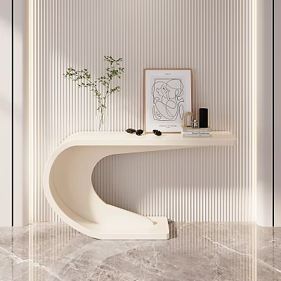 Curved Console Table With Green Plant Framed Art Books On Marble Floor Vertical Striped Wall 3d model