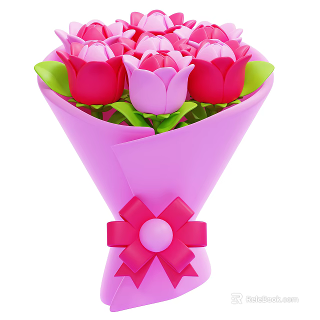 Bouquet of Pink and Red Flowers with Green Leaves and Pink Bow in Pink Wrapping 3d model 