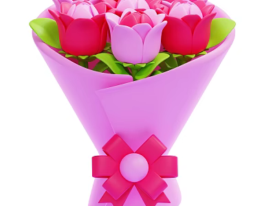 Bouquet of Pink and Red Flowers with Green Leaves and Pink Bow in Pink Wrapping 3d model