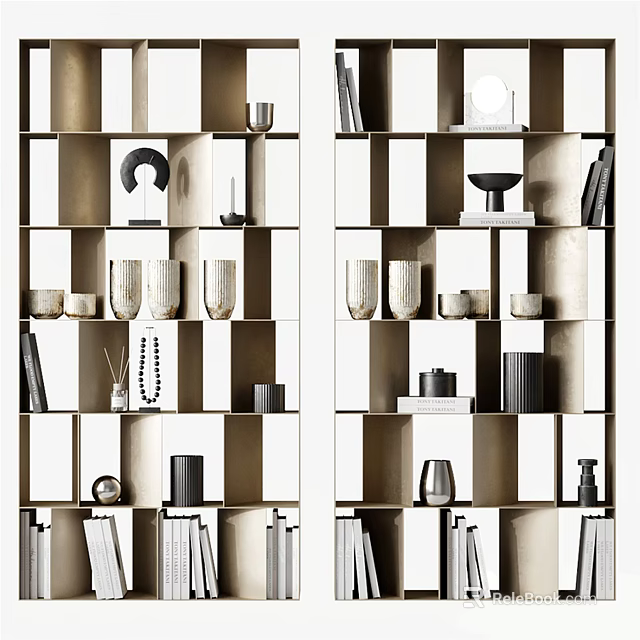 Modern Bookcase Design With Open Shelves Decorative Vases Books And Sculptures 3d model 