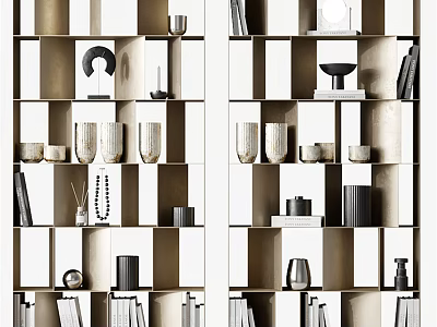Modern Bookcase Design With Open Shelves Decorative Vases Books And Sculptures 3d model