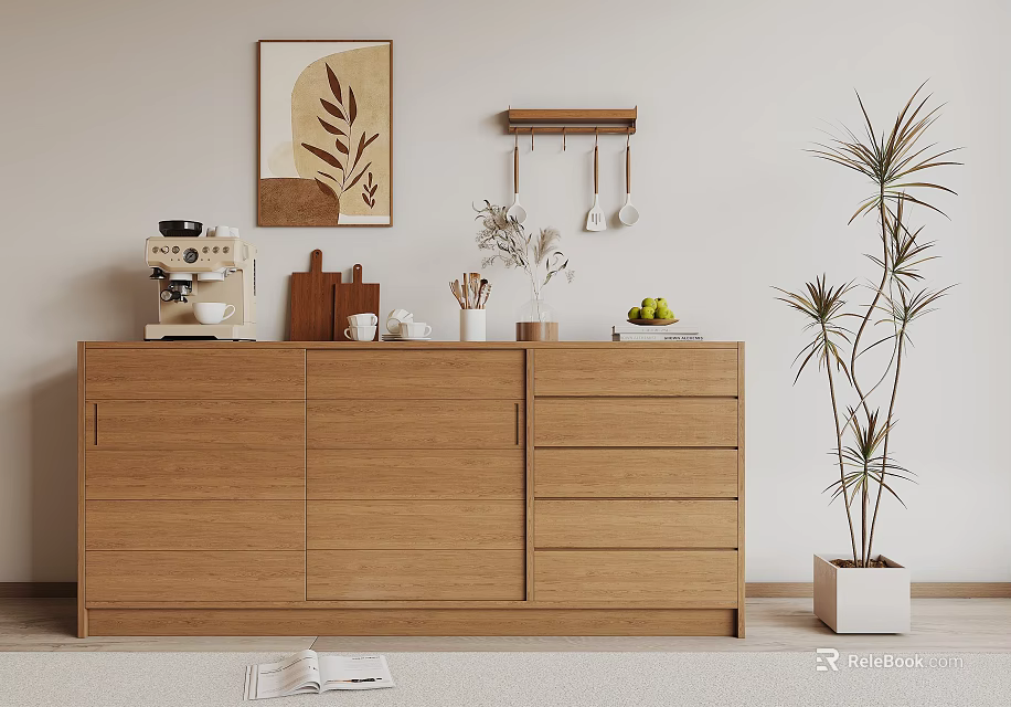 Wooden Sideboard with Coffee Machine Chopping Boards Fruits Decorative Painting and Tall Plant 3d model 