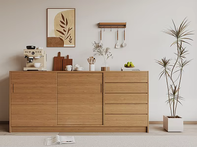 Wooden Sideboard with Coffee Machine Chopping Boards Fruits Decorative Painting and Tall Plant 3d model