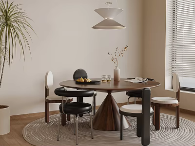 Modern Dining Space Interior With Round Wooden Table Chairs Pendant Light And Potted Plant 3d model
