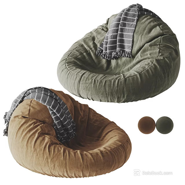 Green and Brown Bean Bag Single Sofa with Grey Plaid Blanket and Color Options 3d model 