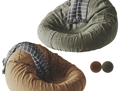 Green and Brown Bean Bag Single Sofa with Grey Plaid Blanket and Color Options 3d model