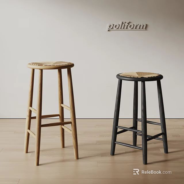 Modern Minimalist Stools With Light Wooden Legs And Black Metal Frame Woven Seats 3d model 