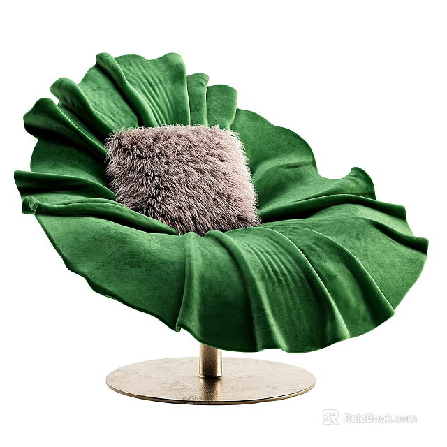 Green Velvet Leaf Shaped Single Chair With Fluffy Cushion On Golden Base 3d model 