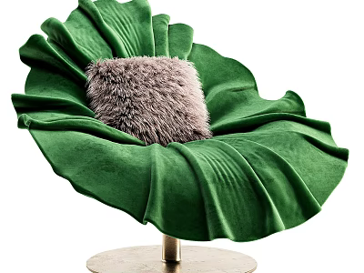 Green Velvet Leaf Shaped Single Chair With Fluffy Cushion On Golden Base 3d model