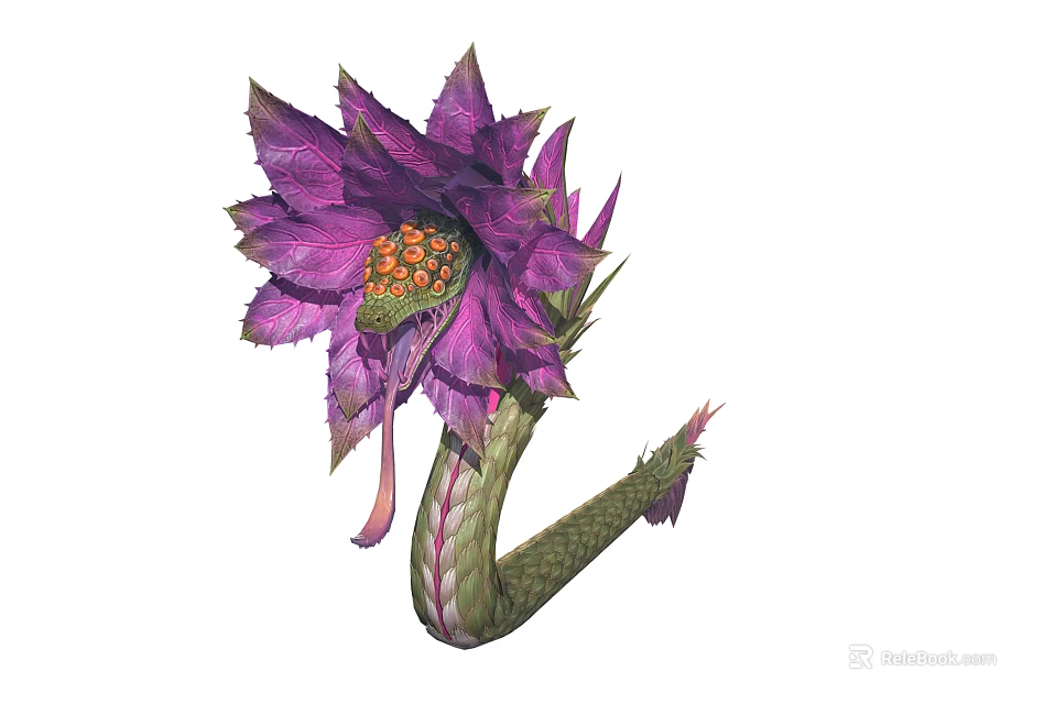 Vibrant Purple Floral Snake Like Fantasy Creature With Orange Center And Green Scales 3d model 