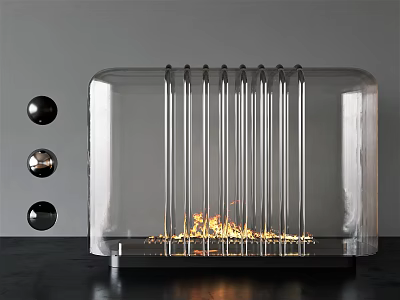 Modern Table Lamp With Transparent Glass Case Vertical Metal Strips Flame Effect And Black Spheres 3d model