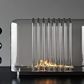 Modern Table Lamp With Transparent Glass Case Vertical Metal Strips Flame Effect And Black Spheres