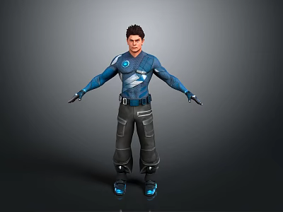 3D Character Model In Blue Costume With Lightning Symbol Standing Pose 3d model
