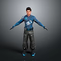 3D Character Model In Blue Costume With Lightning Symbol Standing Pose