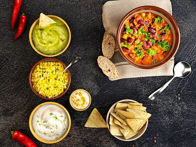 Fresh Homemade Mexican Food with Guacamole Corn Salad Sour Cream Tortilla Chips and Chili Stew 3d model