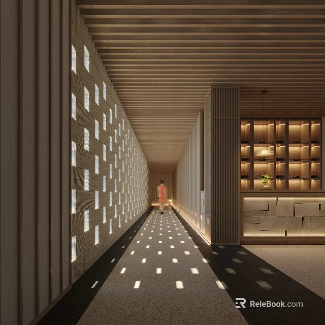 Modern Elevator Hallway With Wooden Ceiling Square Light Panels And Floor Lighting 3d model