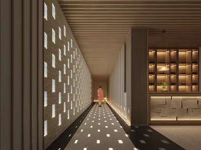 Modern Elevator Hallway With Wooden Ceiling Square Light Panels And Floor Lighting 3d model