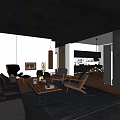 Modern Living Dining Room Interior With Gray Sofa Wooden Coffee Table Fireplace And Dining Chairs