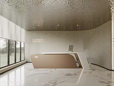 Modern Front Desk Reception With Curved Desk Sparkling Wall Marble Floor Large Windows Green View 3d model