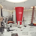 Modern Fashion Clothing Store Interior With Mannequins Red Decor Clothing Racks Display Tables and Lighting