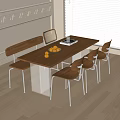 Modern Dining Table Set With Wooden Top Metal Legs Bench Chairs And Fruits By Blinds