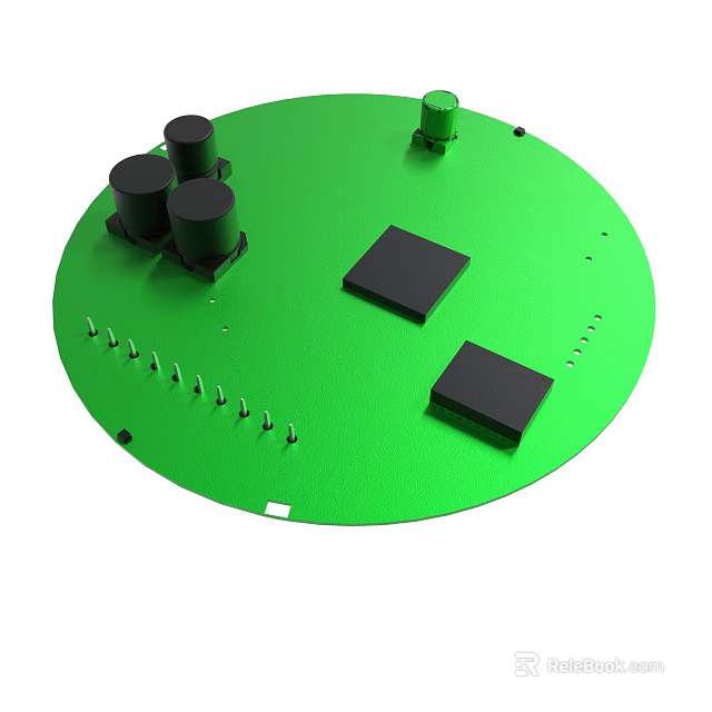 Green Circular Platform With Black Cylinders Square Blocks And Small Nails 3d model