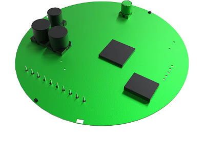 Green Circular Platform With Black Cylinders Square Blocks And Small Nails 3d model