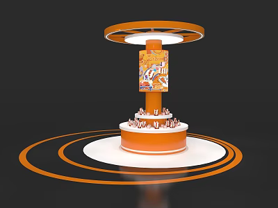 Orange Exhibition Island Design With Cylindrical Structure Circular Top Edge And Display Items 3d model
