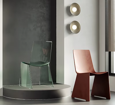 Stylish Leisure Chairs Transparent Glass And Brown Leather Design In Gray Wall With Circular Lights 3d model