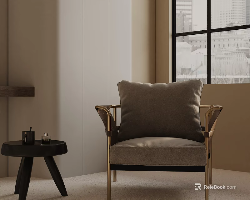 Leisure Chair With Golden Frame Beige Cushion In Modern Interior By Window And Side Table 3d model 