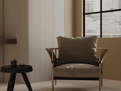 Leisure Chair With Golden Frame Beige Cushion In Modern Interior By Window And Side Table 3d model