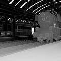 Vintage Steam Train At Station Platform With Arched Roof And Astronaut Sculpture