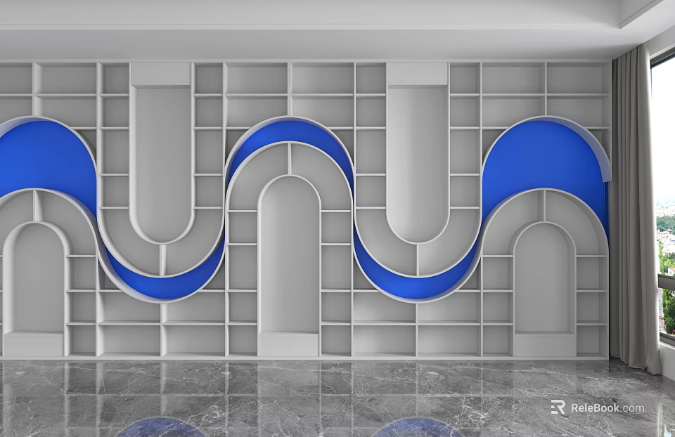 Modern White Shelving Unit With Blue Curved Decorations In Interior Space 3d model 